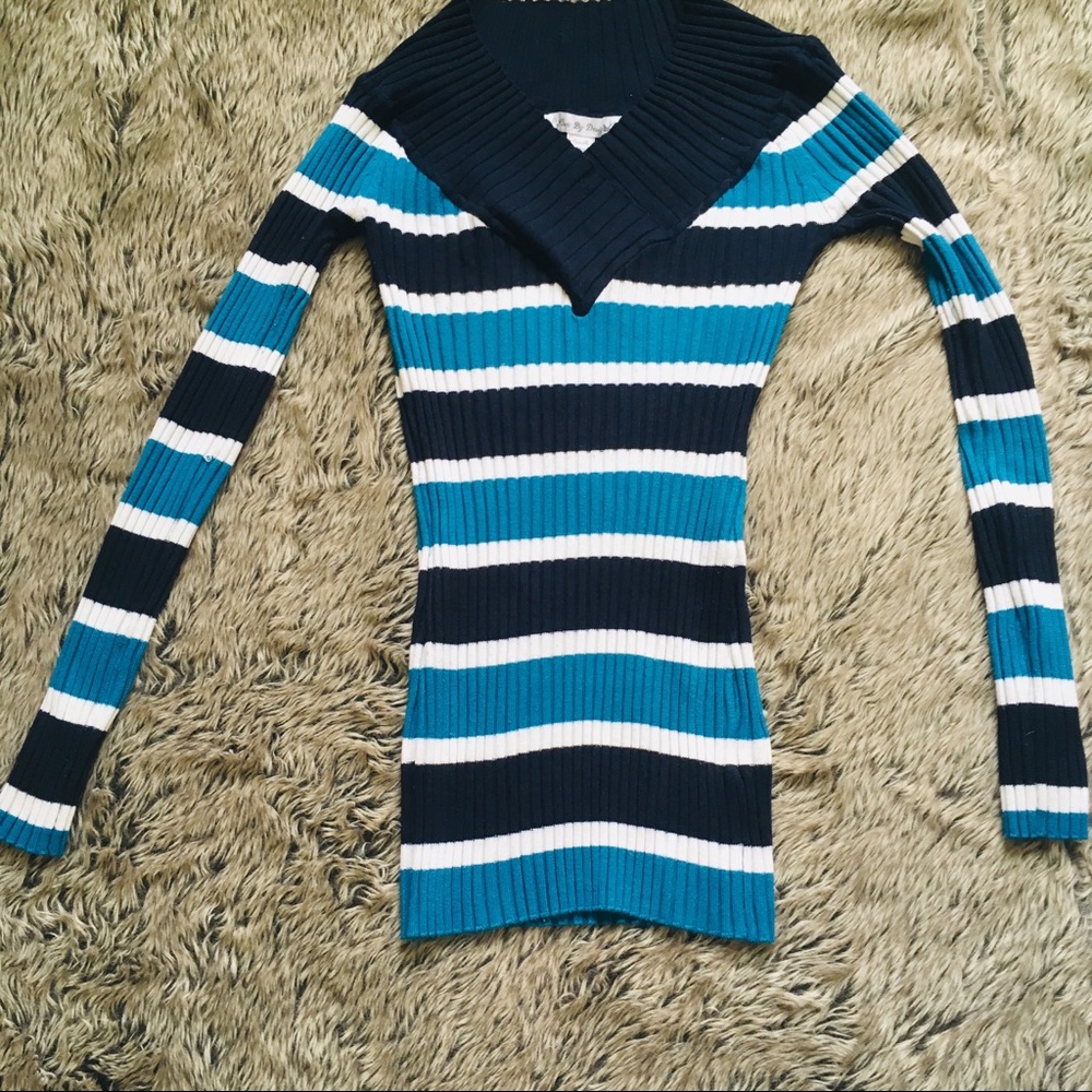 Love By Design v neck cableknit pullover teal navy striped sweater size small
